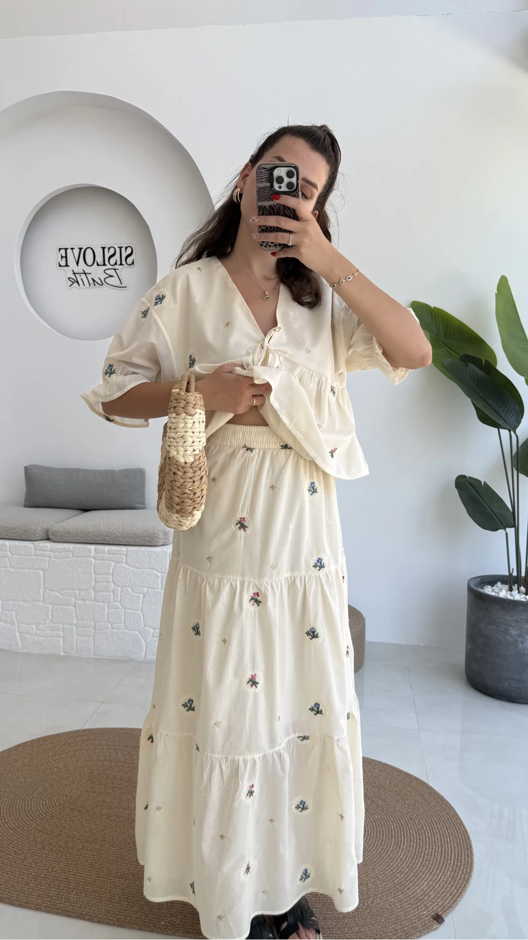Kath Çiçek İşlemeli Bluz Etek Takım - Taş - 1042 - 5032