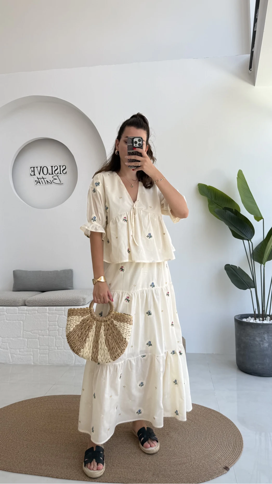 Kath Çiçek İşlemeli Bluz Etek Takım - Taş - 1042 - 5032