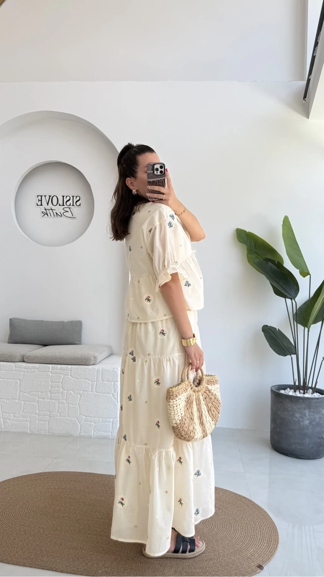 Kath Çiçek İşlemeli Bluz Etek Takım - Taş - 1042 - 5032