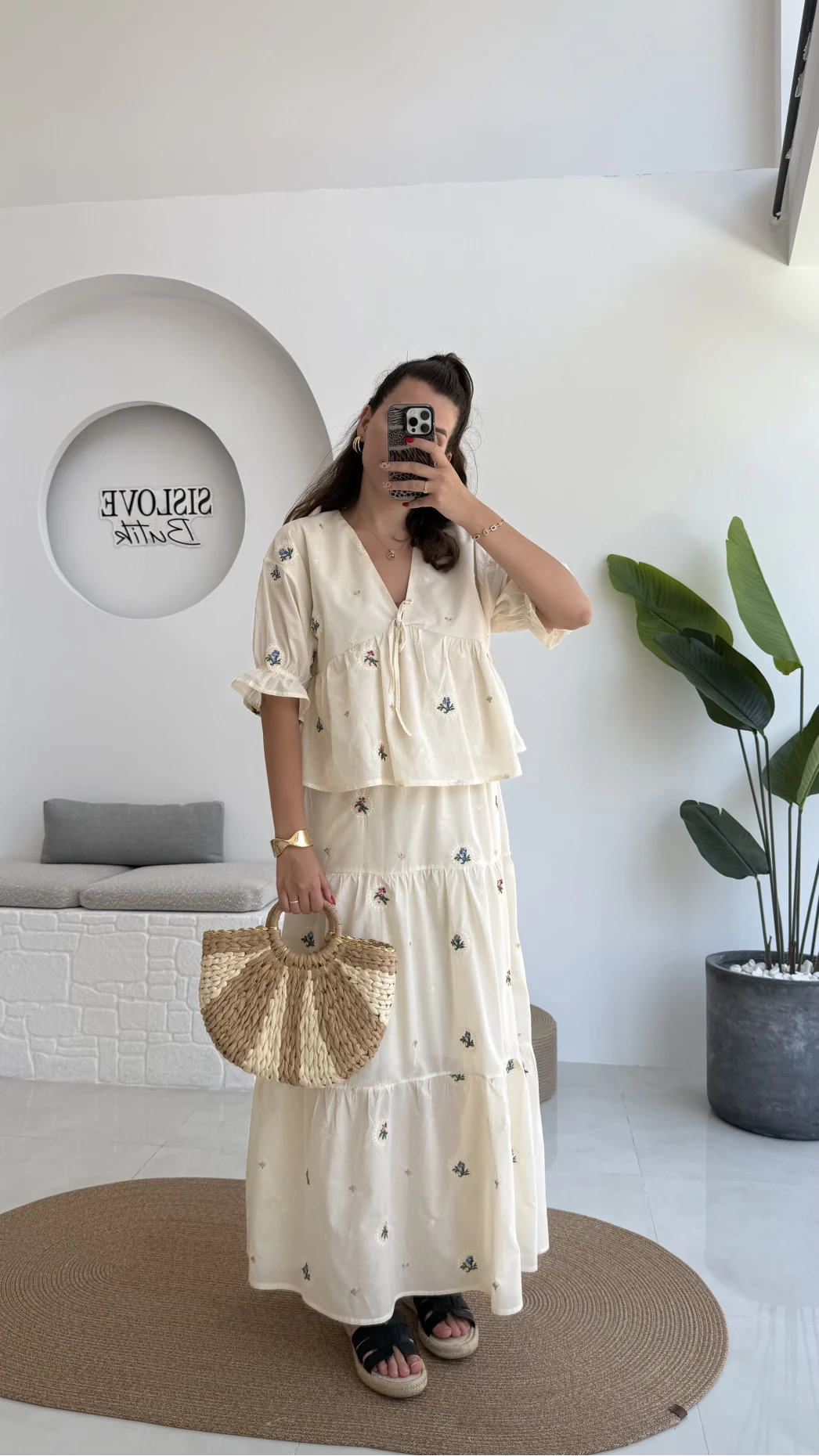 Kath Çiçek İşlemeli Bluz Etek Takım - Taş - 1042 - 5032