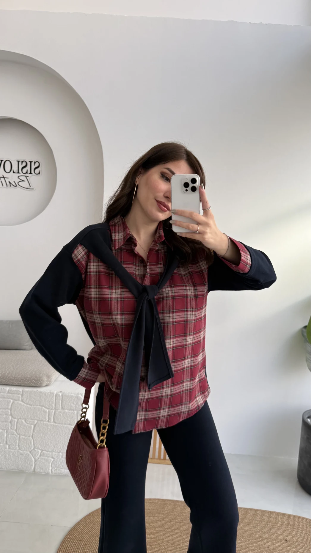 Kaylee Bağlamalı Sweat Detay Ekose Gömlek Takım - Bordo