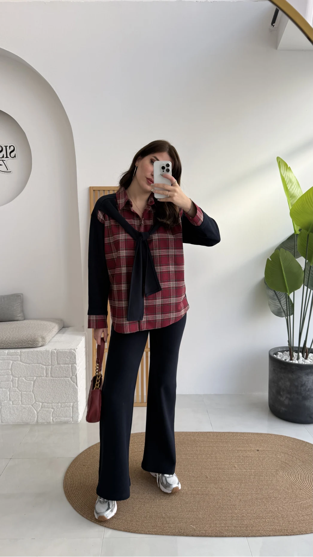 Kaylee Bağlamalı Sweat Detay Ekose Gömlek Takım - Bordo