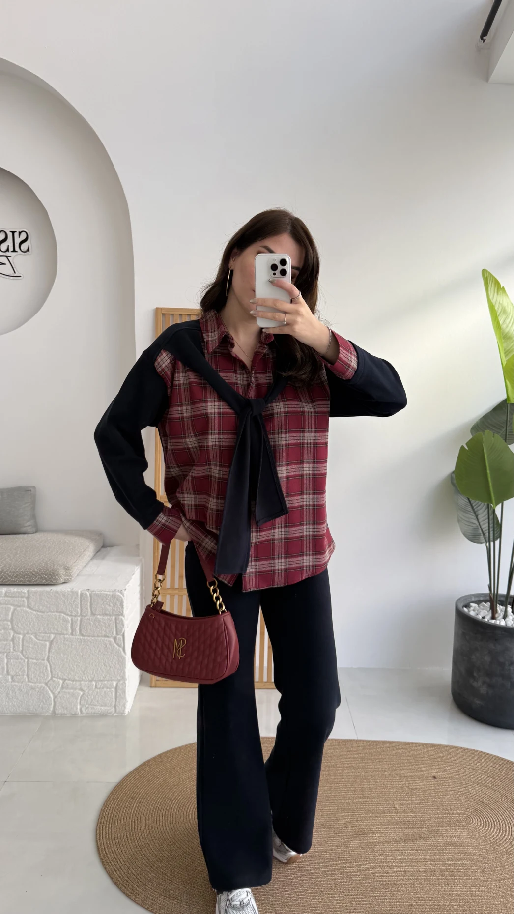 Kaylee Bağlamalı Sweat Detay Ekose Gömlek Takım - Bordo