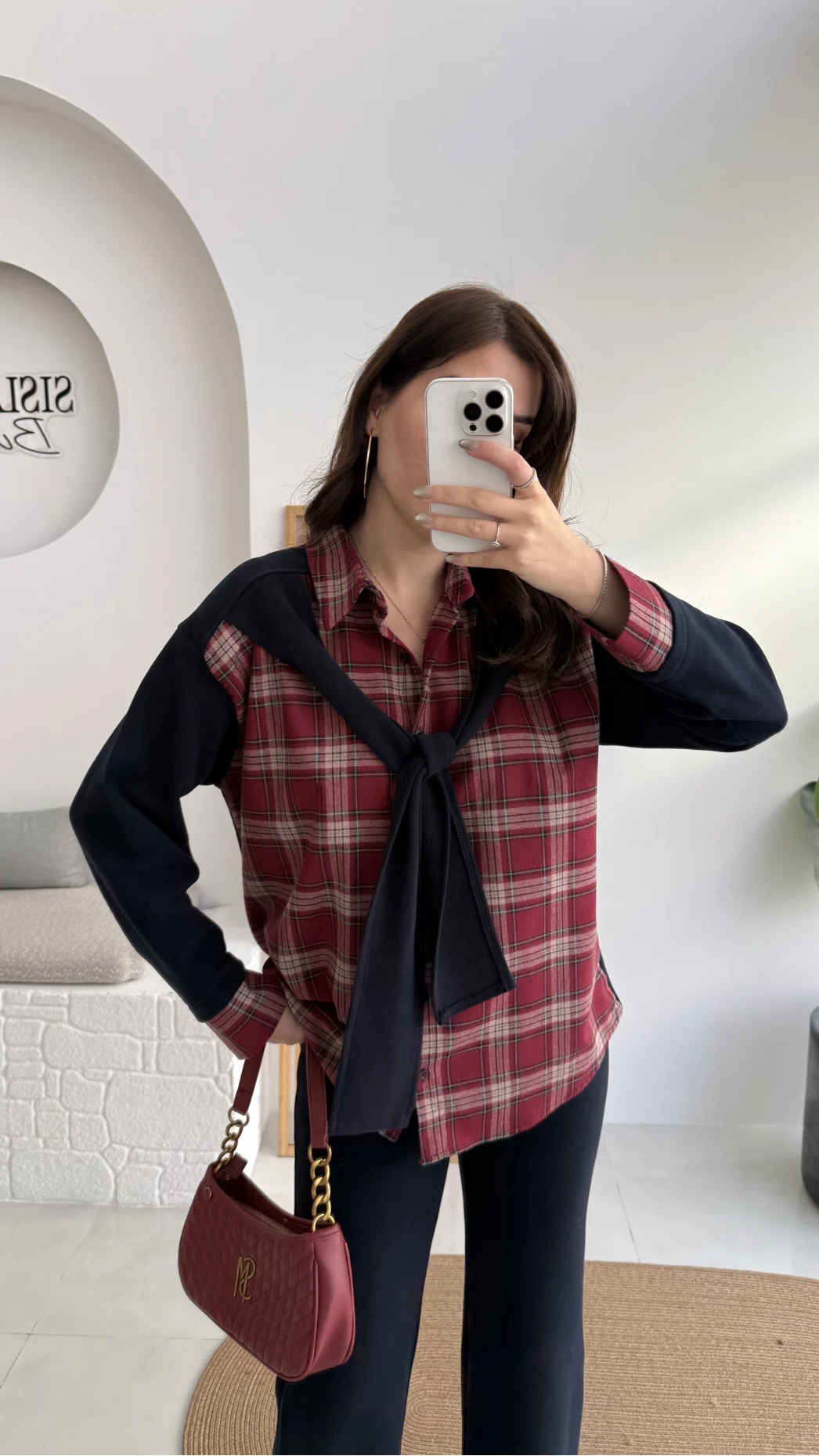 Kaylee Bağlamalı Sweat Detay Ekose Gömlek Takım - Bordo