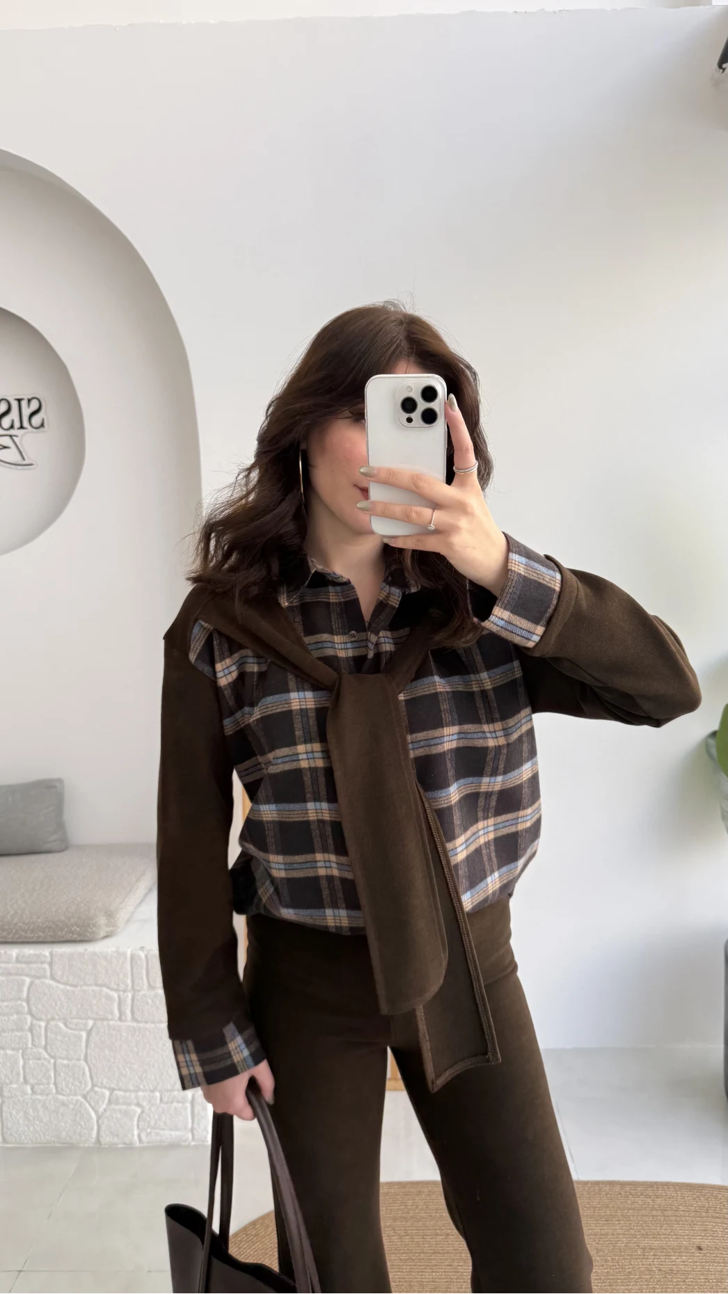 Kaylee Bağlamalı Sweat Detay Ekose Gömlek Takım - Kahverengi