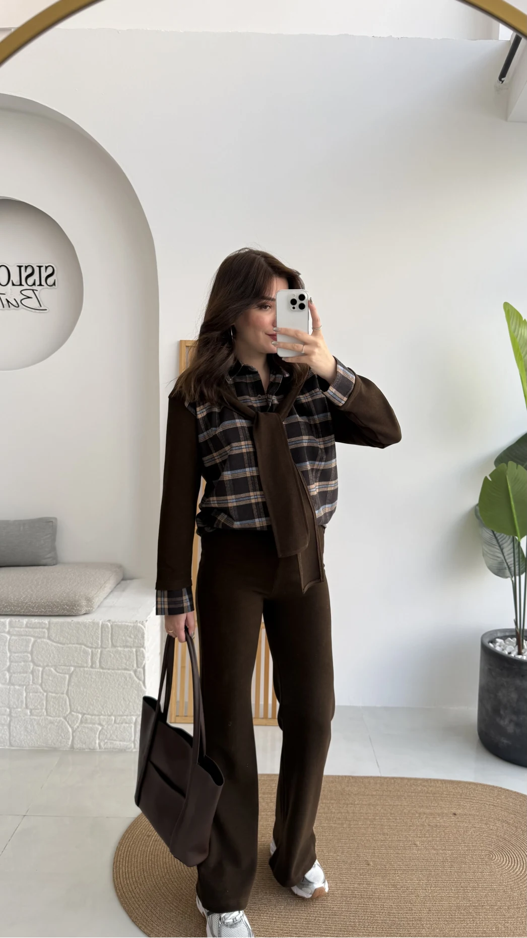 Kaylee Bağlamalı Sweat Detay Ekose Gömlek Takım - Kahverengi