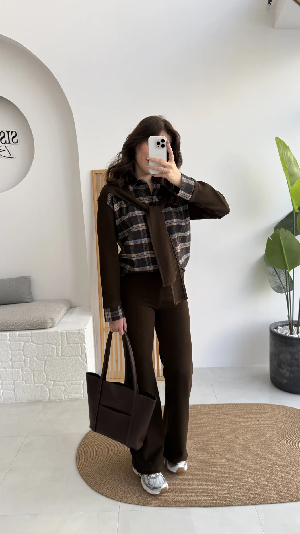 Kaylee Bağlamalı Sweat Detay Ekose Gömlek Takım - Kahverengi