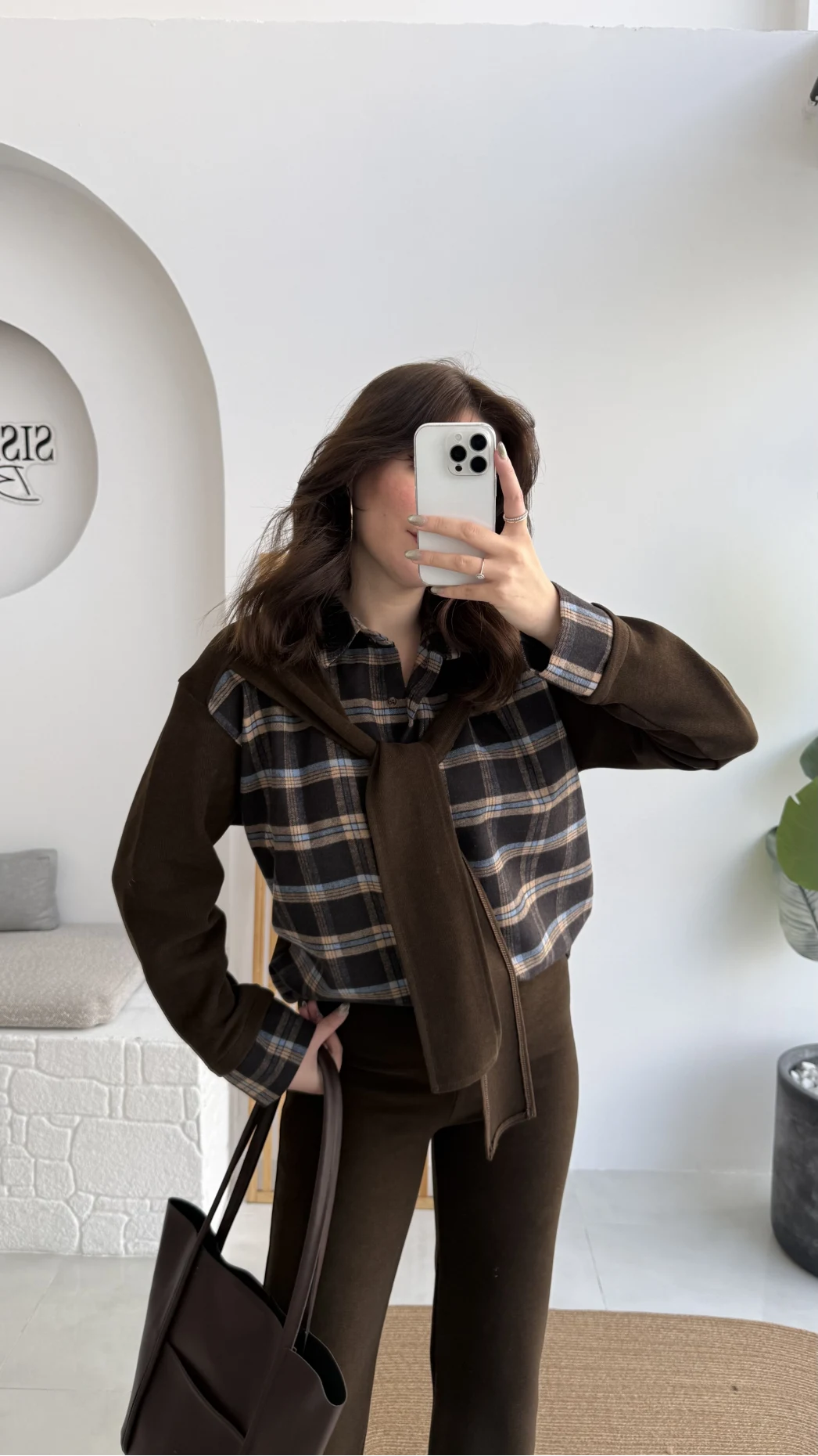 Kaylee Bağlamalı Sweat Detay Ekose Gömlek Takım - Kahverengi