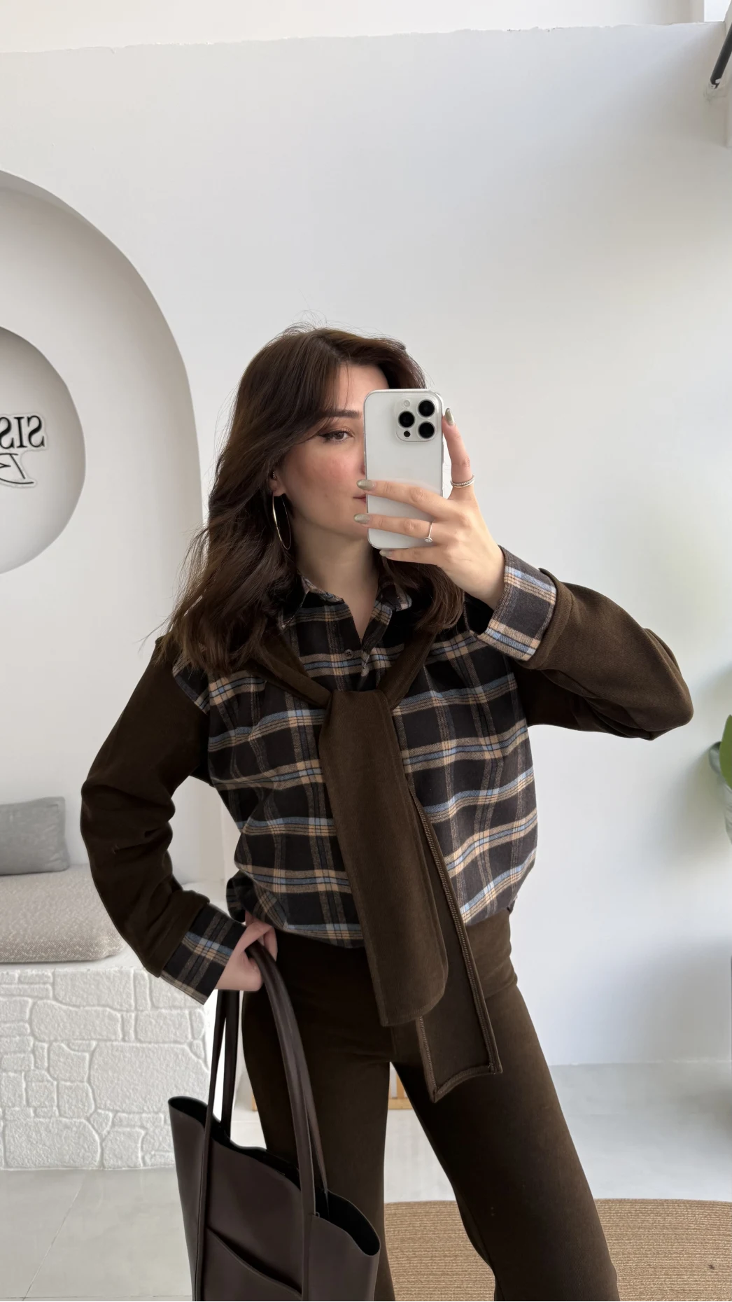 Kaylee Bağlamalı Sweat Detay Ekose Gömlek Takım - Kahverengi