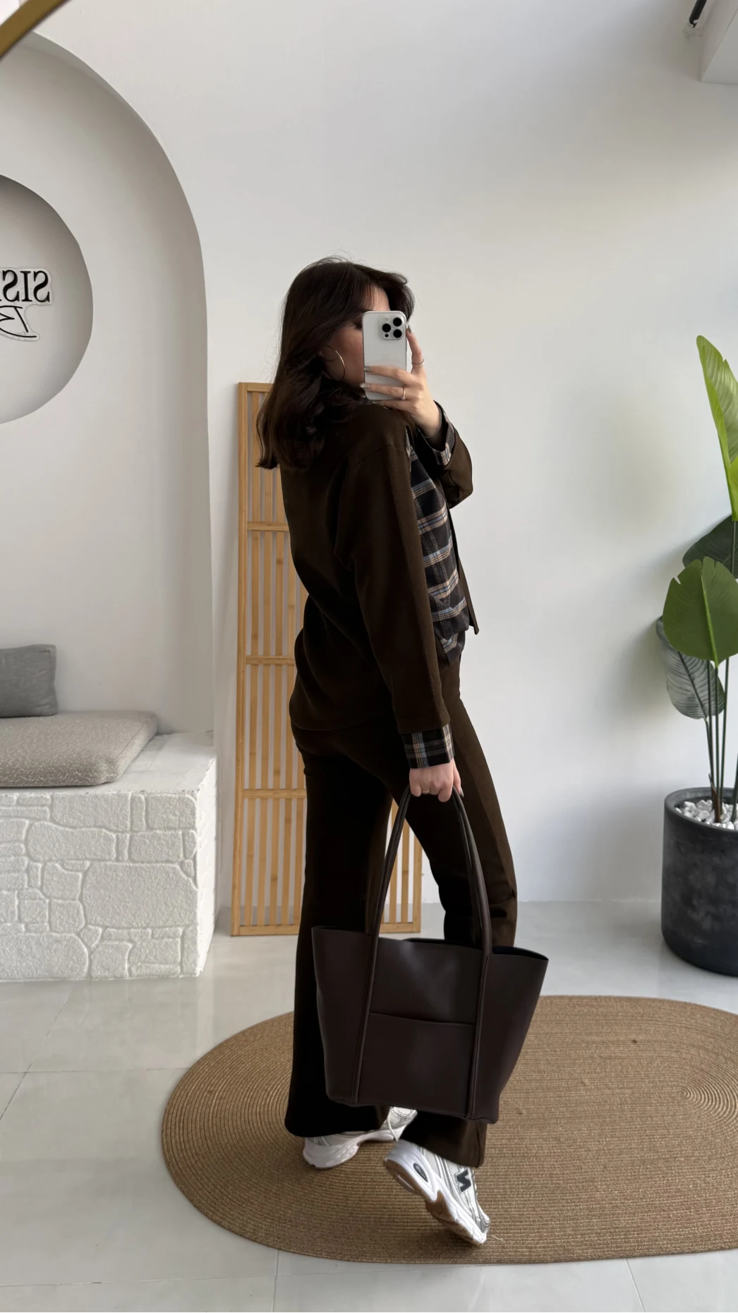 Kaylee Bağlamalı Sweat Detay Ekose Gömlek Takım - Kahverengi