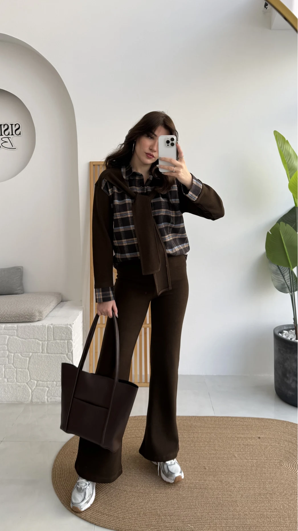 Kaylee Bağlamalı Sweat Detay Ekose Gömlek Takım - Kahverengi