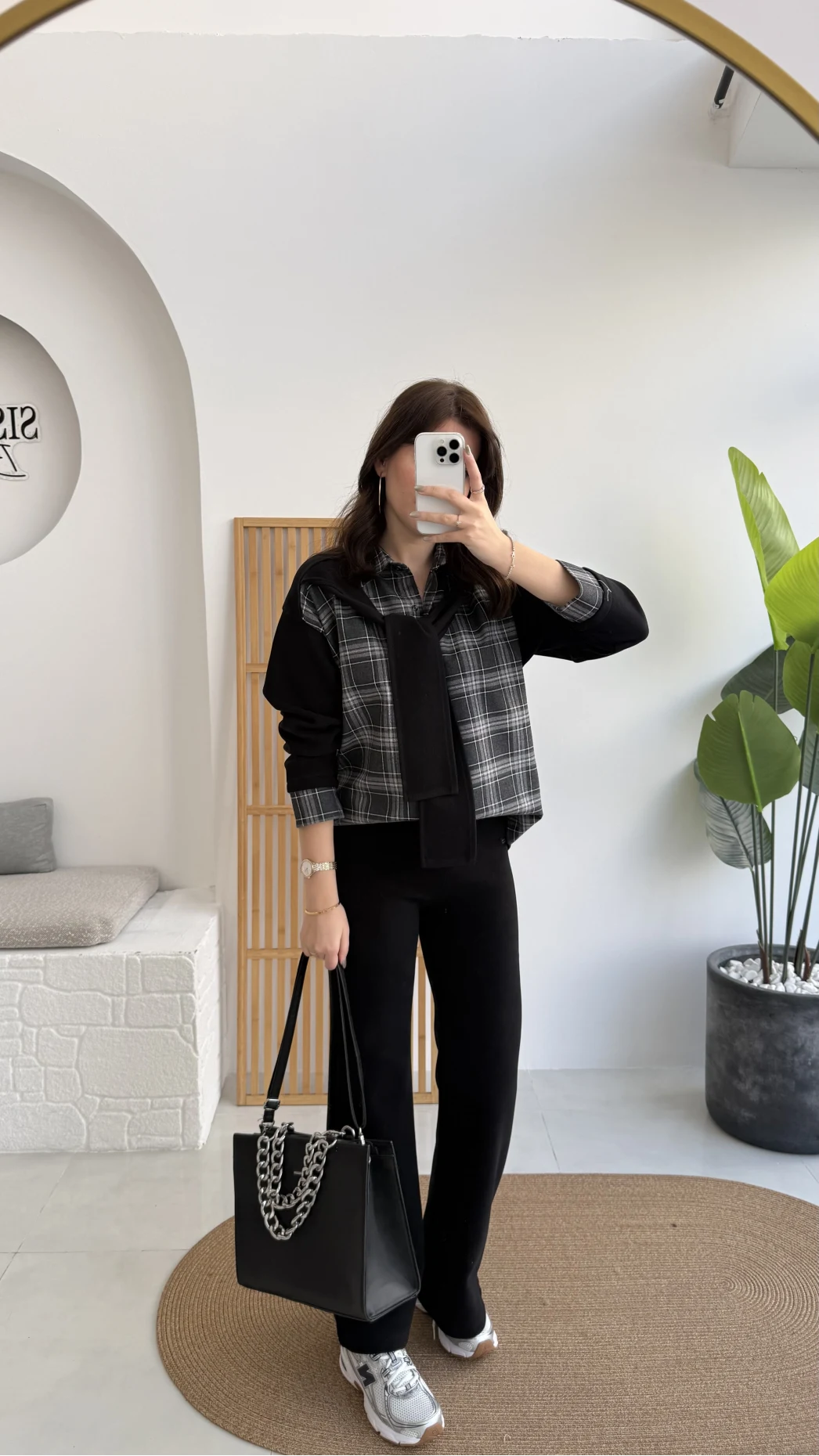 Kaylee Bağlamalı Sweat Detay Ekose Gömlek Takım - Siyah