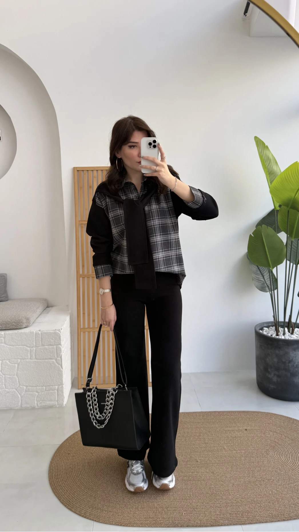 Kaylee Bağlamalı Sweat Detay Ekose Gömlek Takım - Siyah