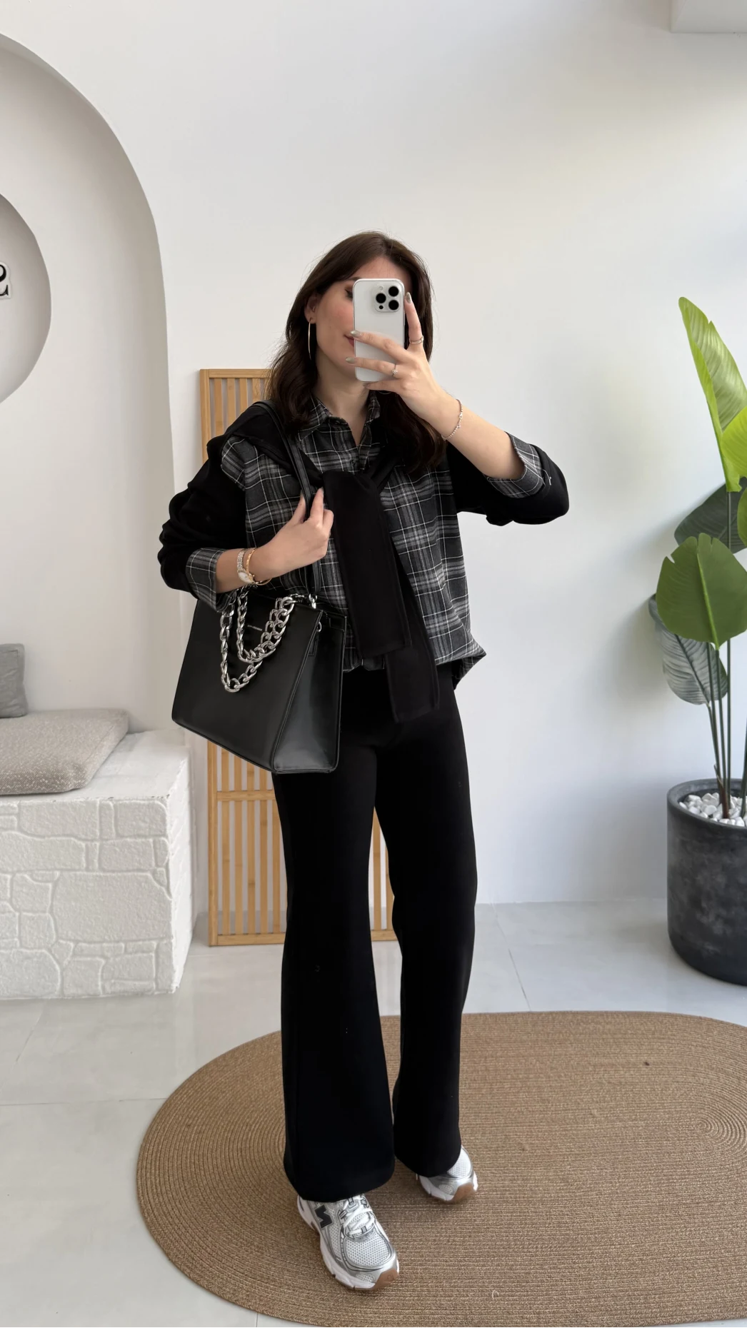 Kaylee Bağlamalı Sweat Detay Ekose Gömlek Takım - Siyah