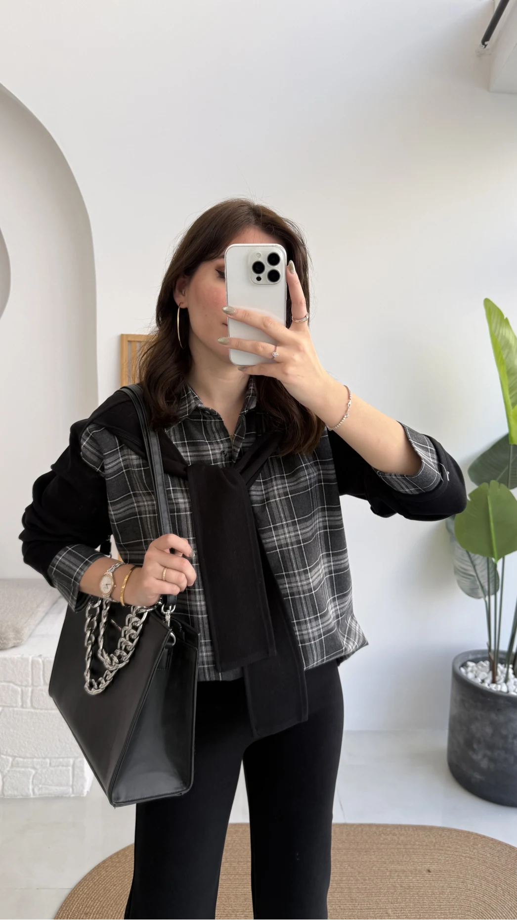 Kaylee Bağlamalı Sweat Detay Ekose Gömlek Takım - Siyah