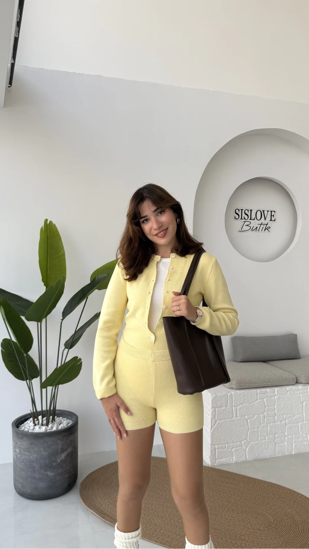 Kelly Triko Bodysuit Hırka Şort Takım - Sarı