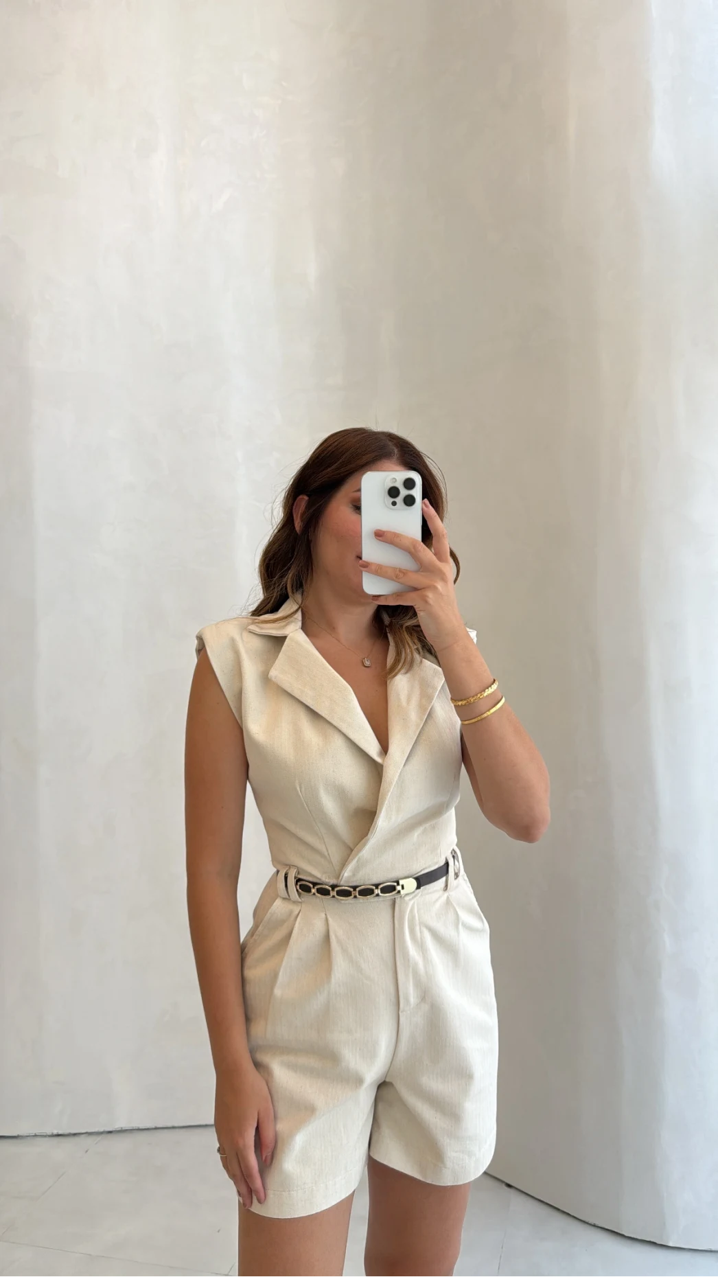 Kemerli Kısa Şort Tulum - Taş - Kod: 581173