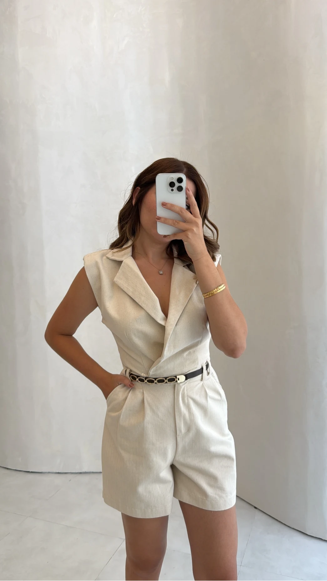 Kemerli Kısa Şort Tulum - Taş - Kod: 581173