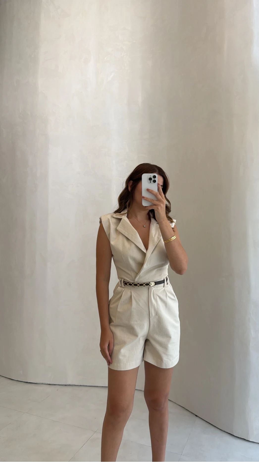 Kemerli Kısa Şort Tulum - Taş - Kod: 581173