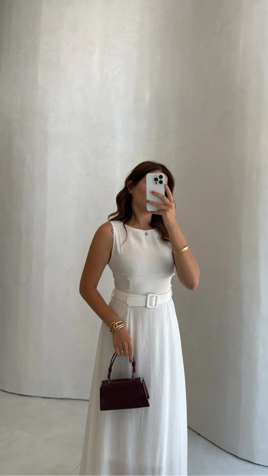 Kemerli Sıfır Kol Modal Elbise - Ekru - Kod: 3093