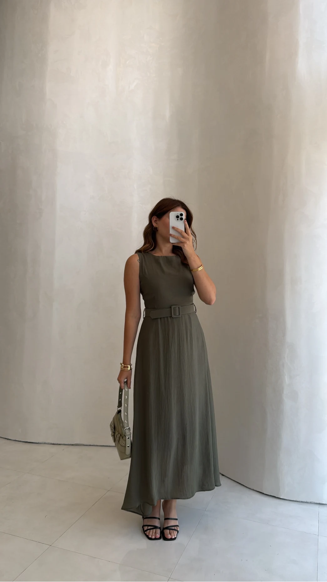 Kemerli Sıfır Kol Modal Elbise - Haki - Kod: 3093