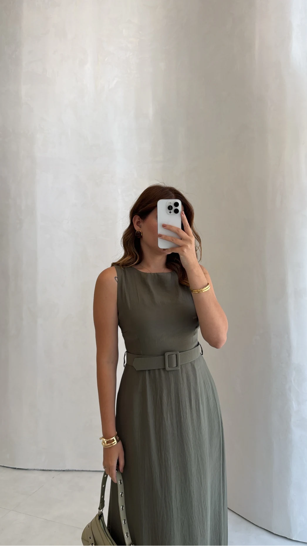Kemerli Sıfır Kol Modal Elbise - Haki - Kod: 3093