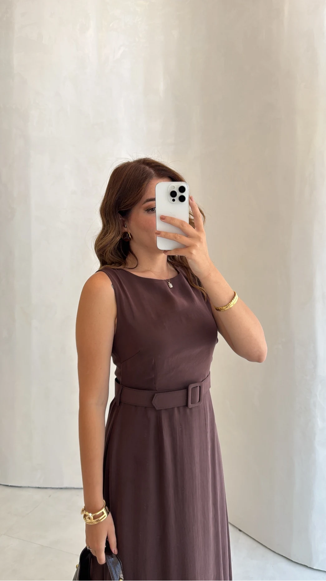 Kemerli Sıfır Kol Modal Elbise - Kahve - Kod: 3093