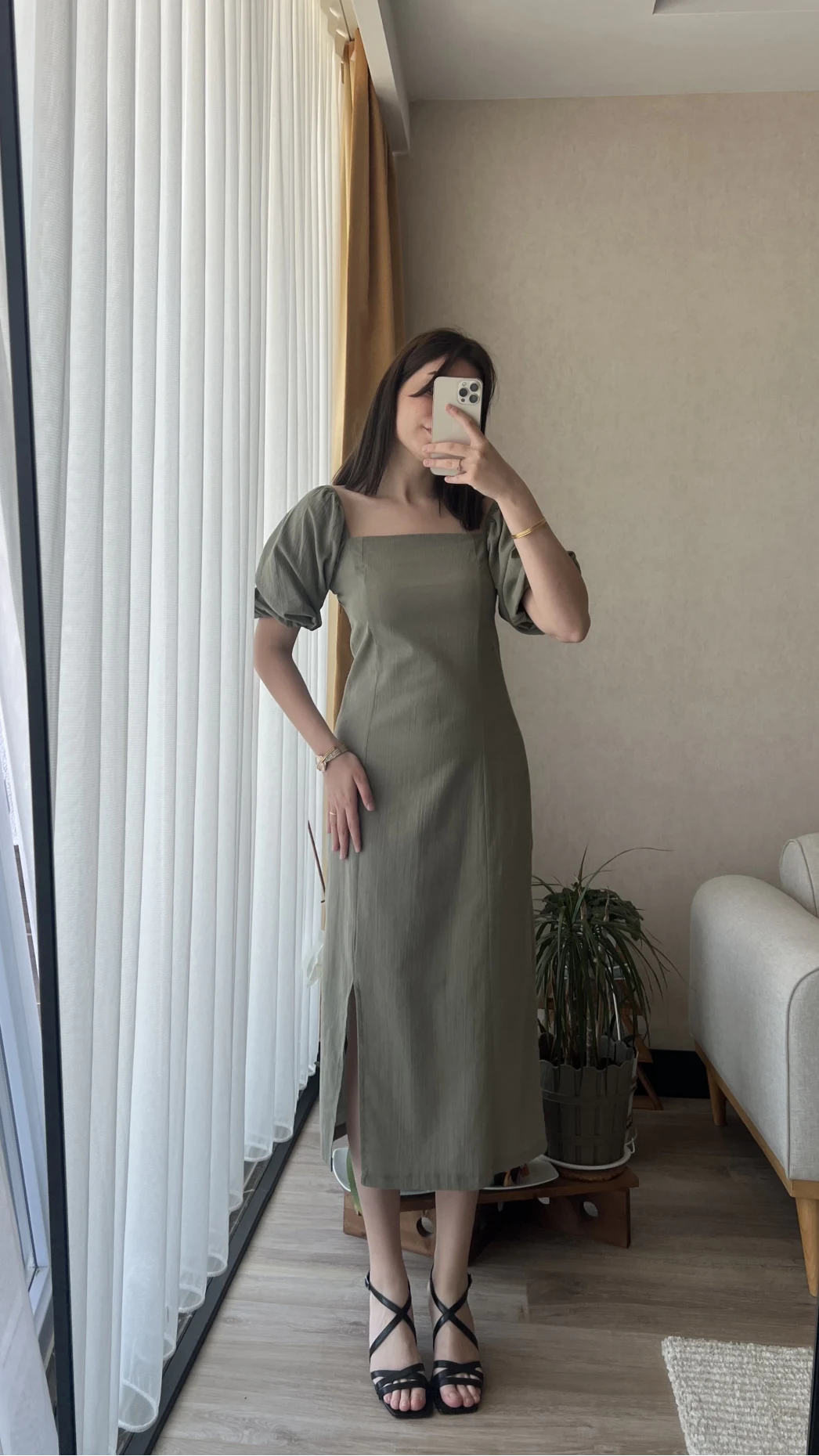 Keten Balon Kol Haki Elbise