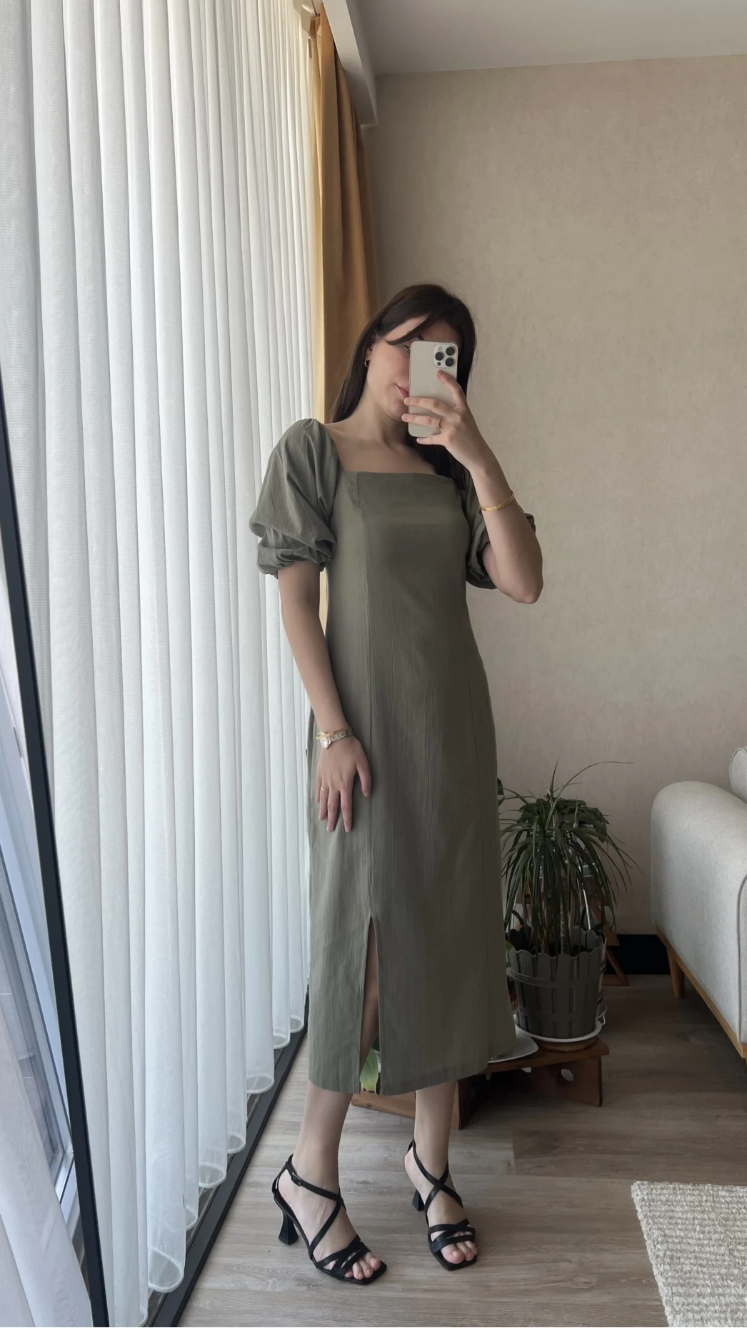 Keten Balon Kol Haki Elbise