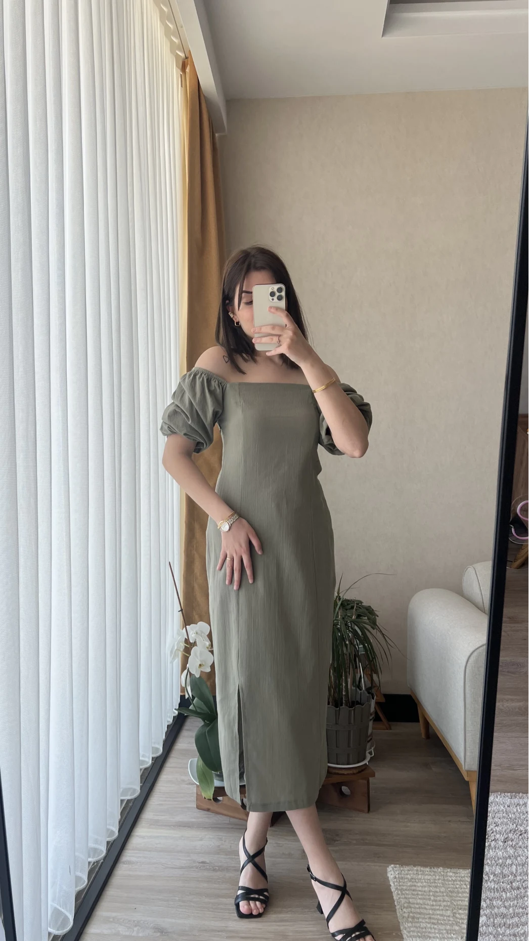 Keten Balon Kol Haki Elbise