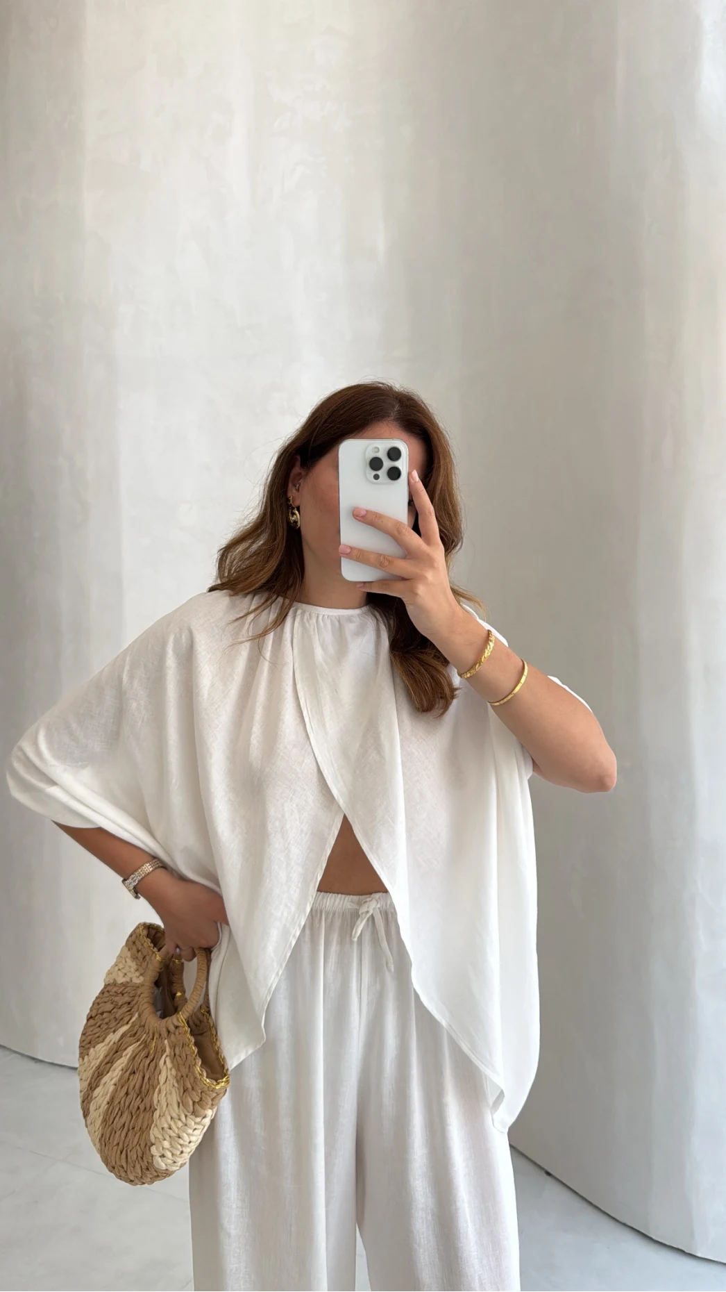 Keten Bluz Pantolon Takım - Beyaz - Kod: 51402