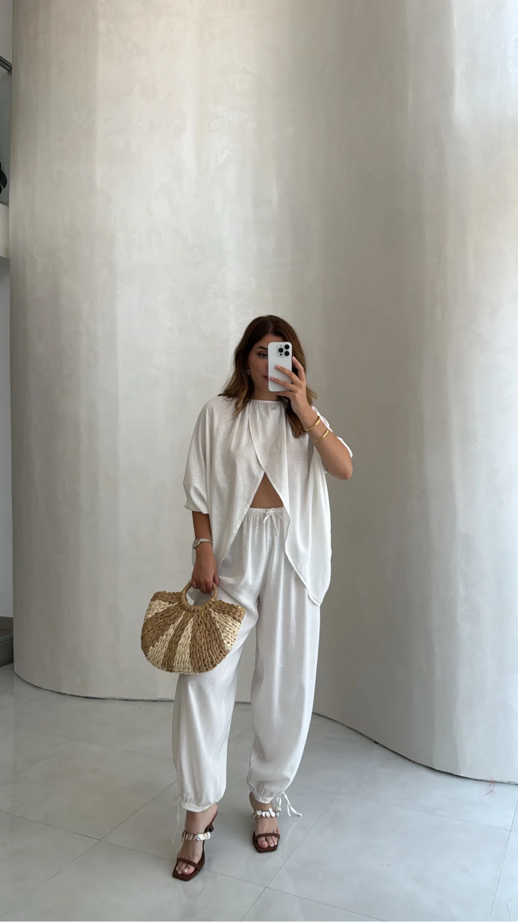 Keten Bluz Pantolon Takım - Beyaz - Kod: 51402