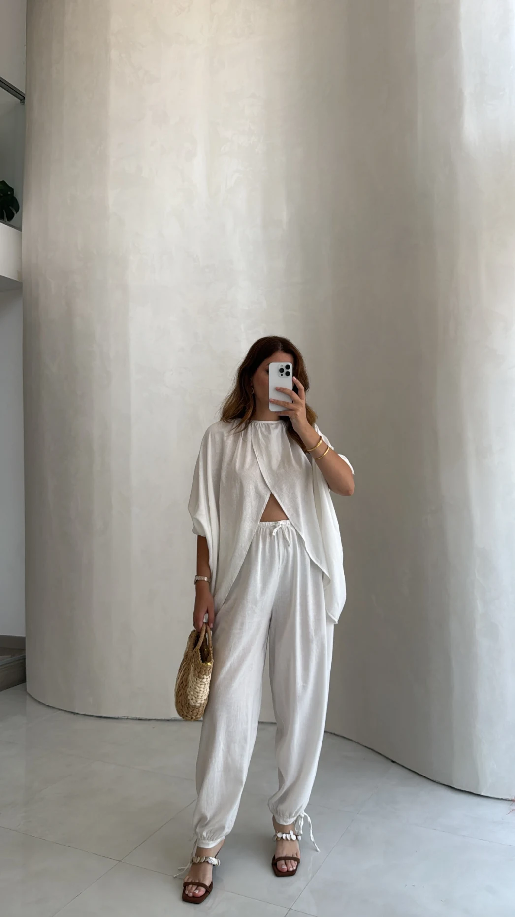 Keten Bluz Pantolon Takım - Beyaz - Kod: 51402