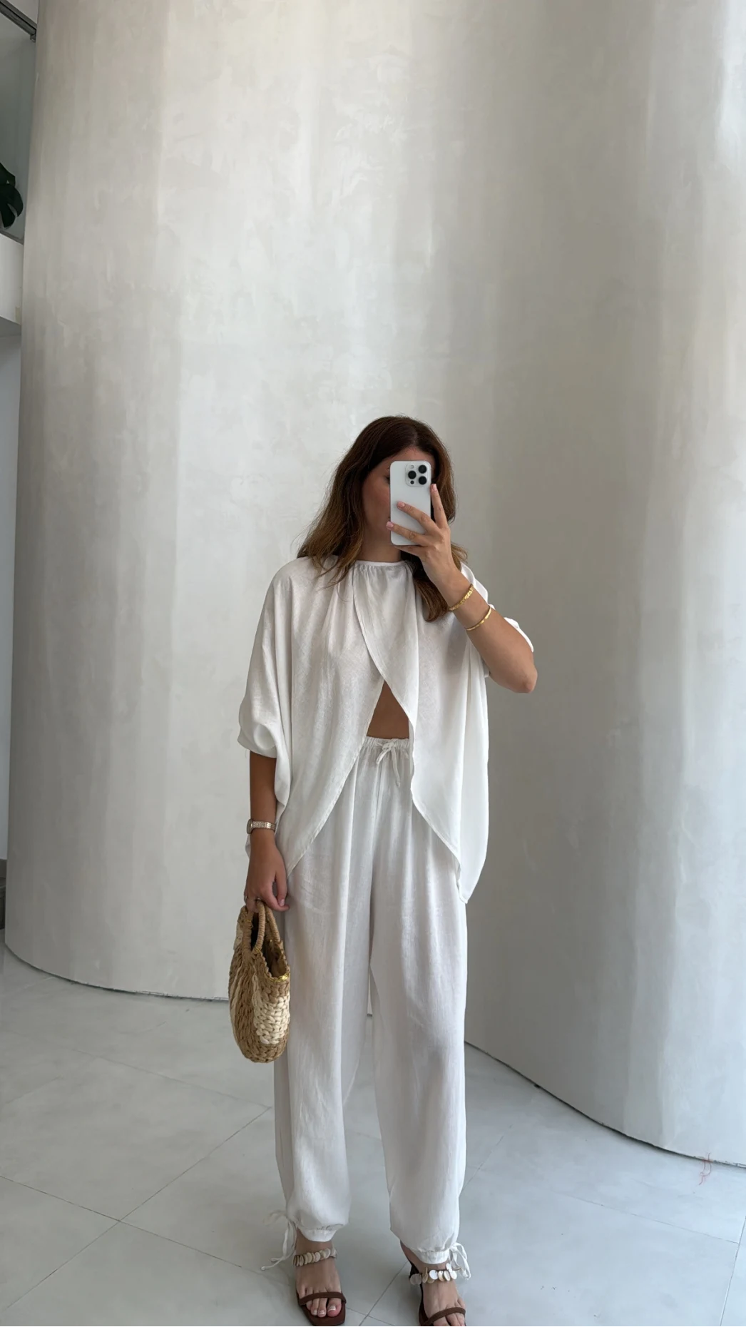 Keten Bluz Pantolon Takım - Beyaz - Kod: 51402