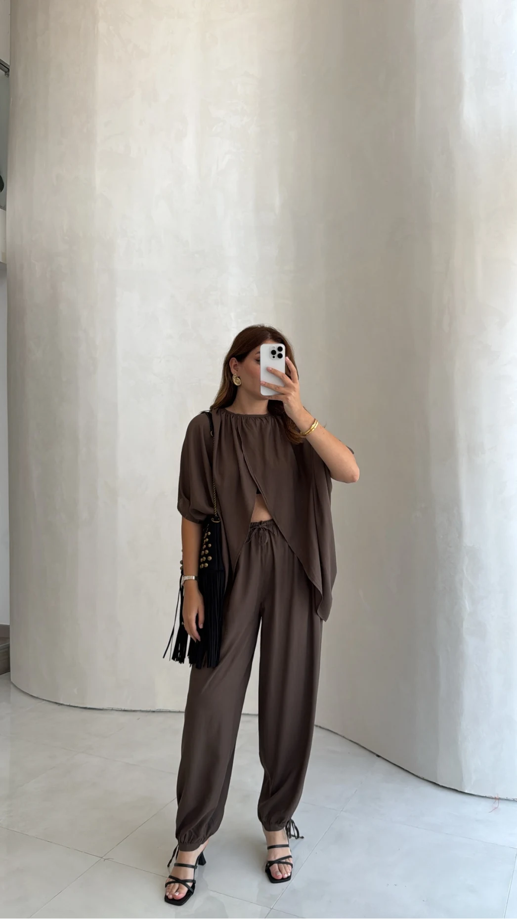 Keten Bluz Pantolon Takım - Kahve - Kod: 51402