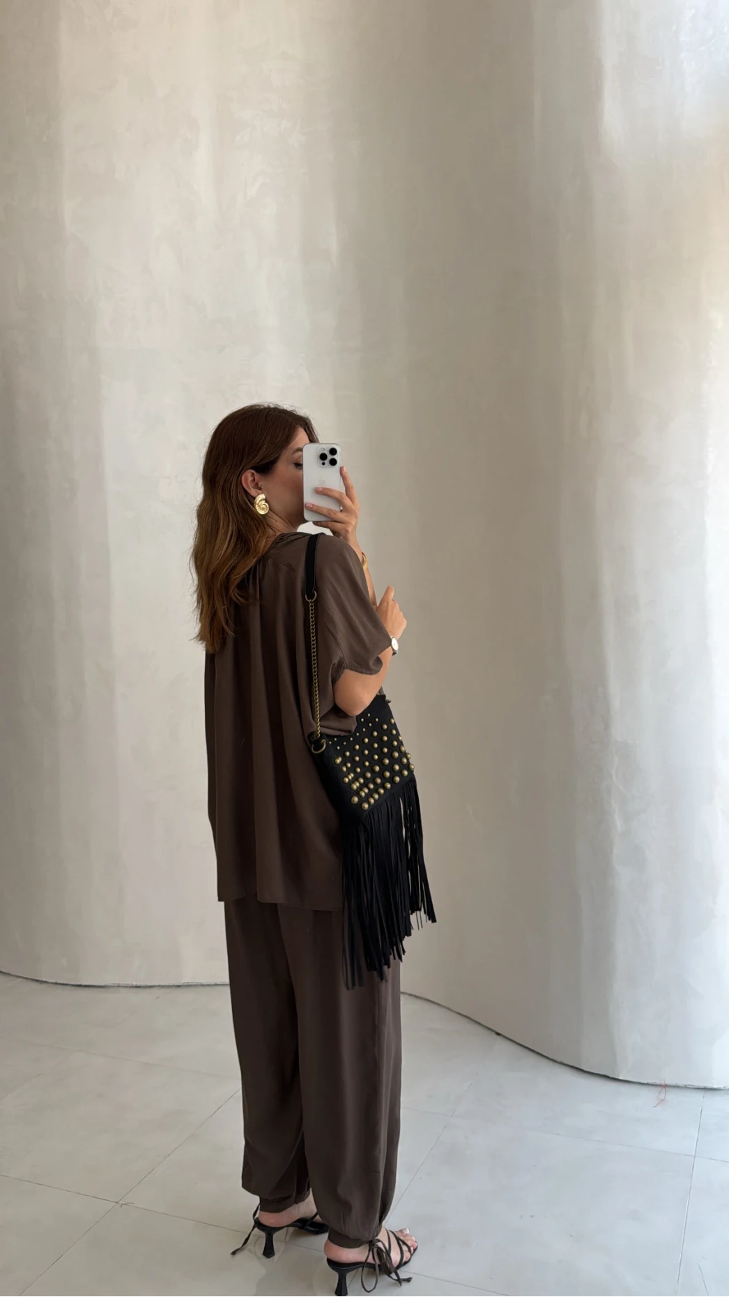 Keten Bluz Pantolon Takım - Kahve - Kod: 51402