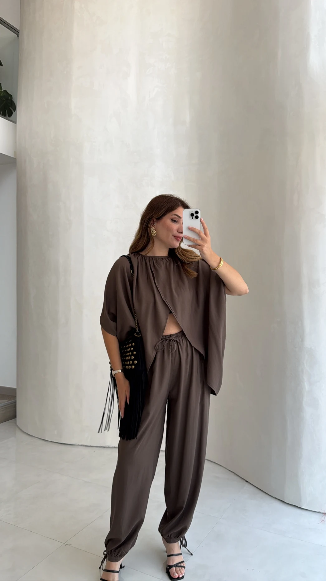 Keten Bluz Pantolon Takım - Kahve - Kod: 51402