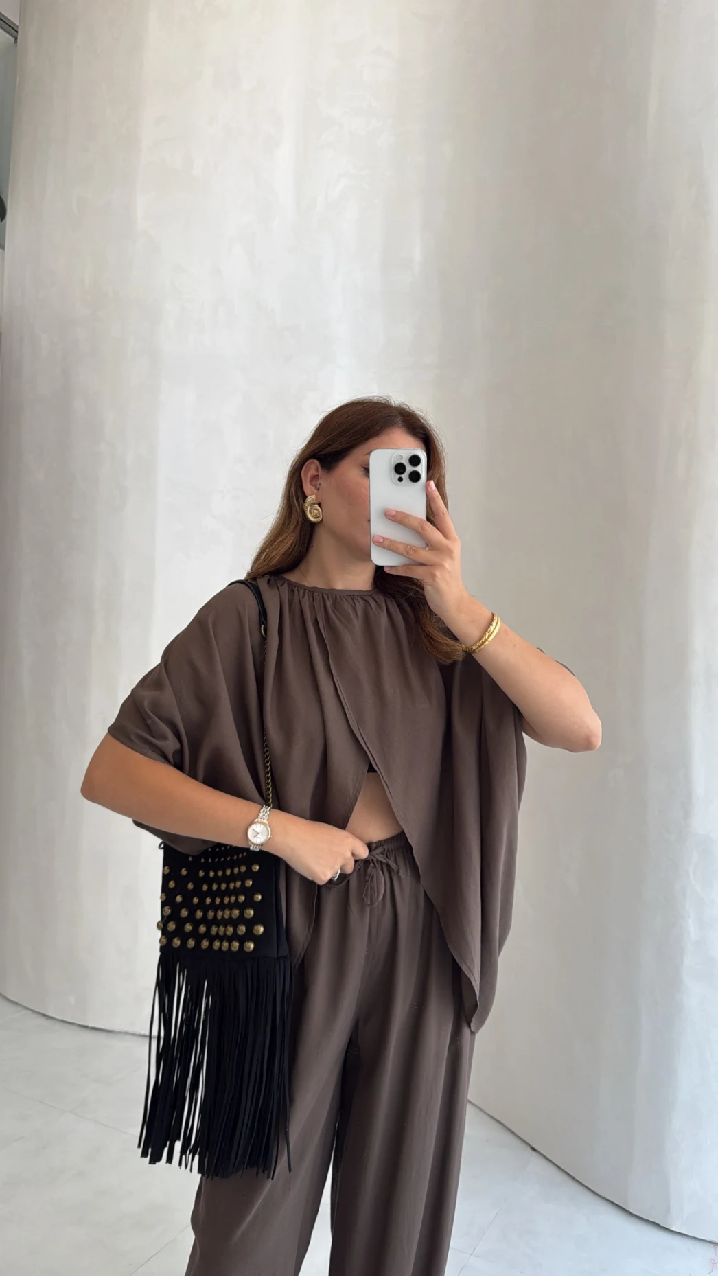 Keten Bluz Pantolon Takım - Kahve - Kod: 51402