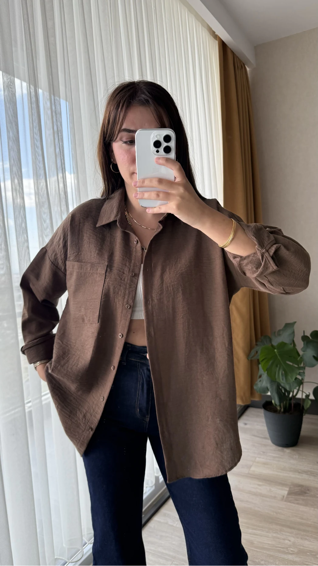 Keten Karşımlı Cepli Gömlek Acı Kahve