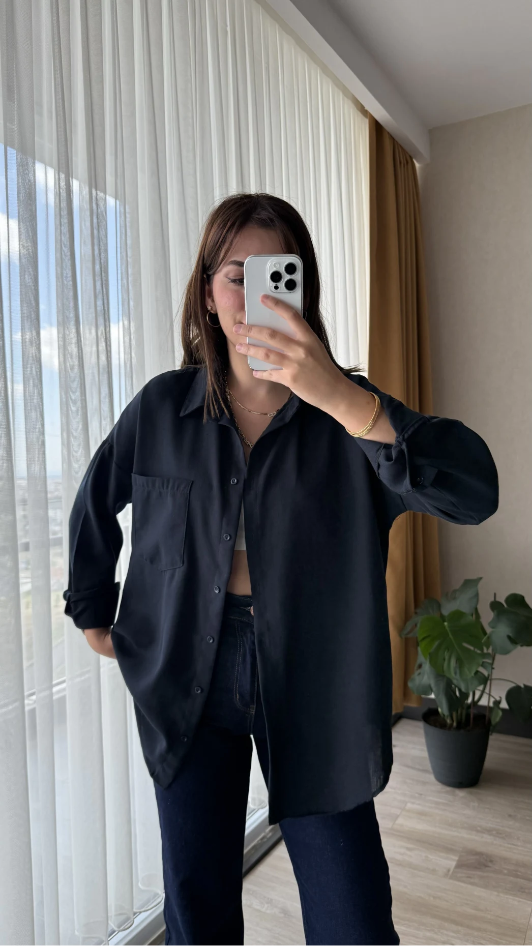 Keten Karşımlı Cepli Gömlek Lacivert