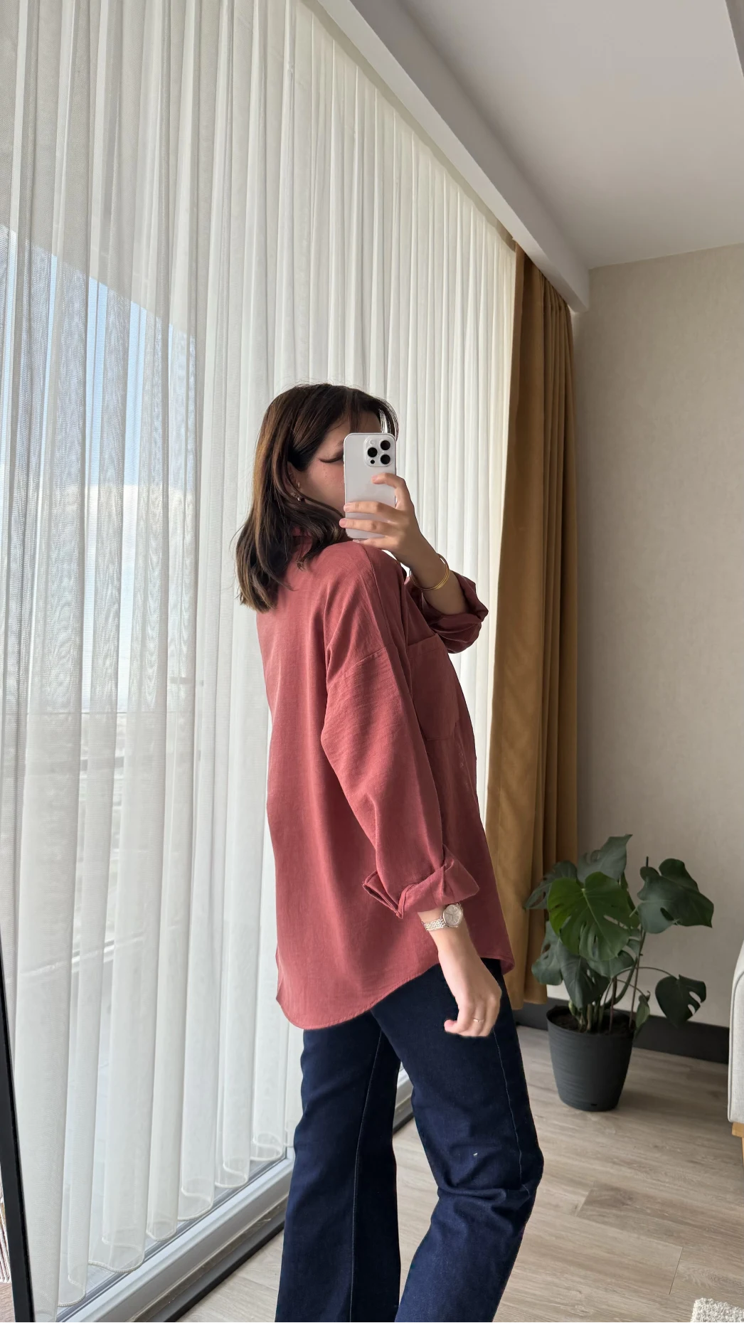 Keten Karşımlı Cepli Gömlek Tarçın