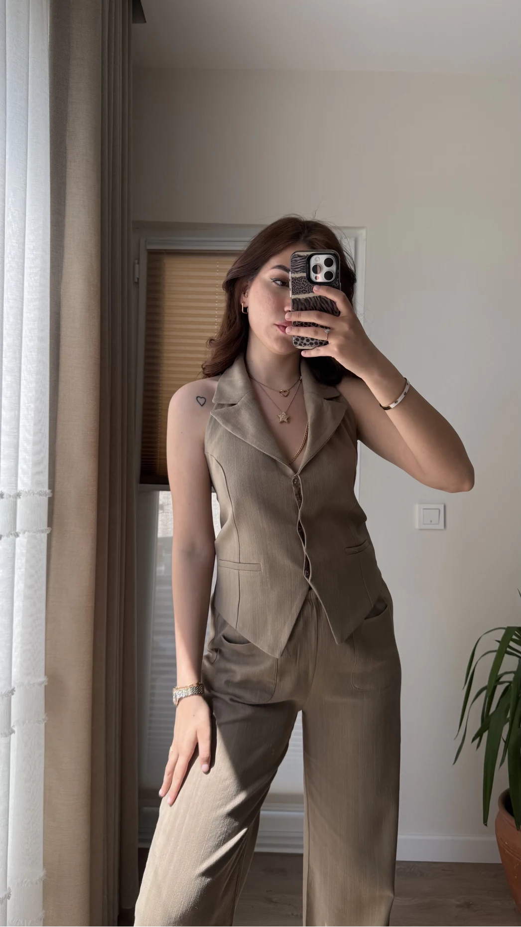 Keten Sırt Detay Yelek Pantolon Takım Haki