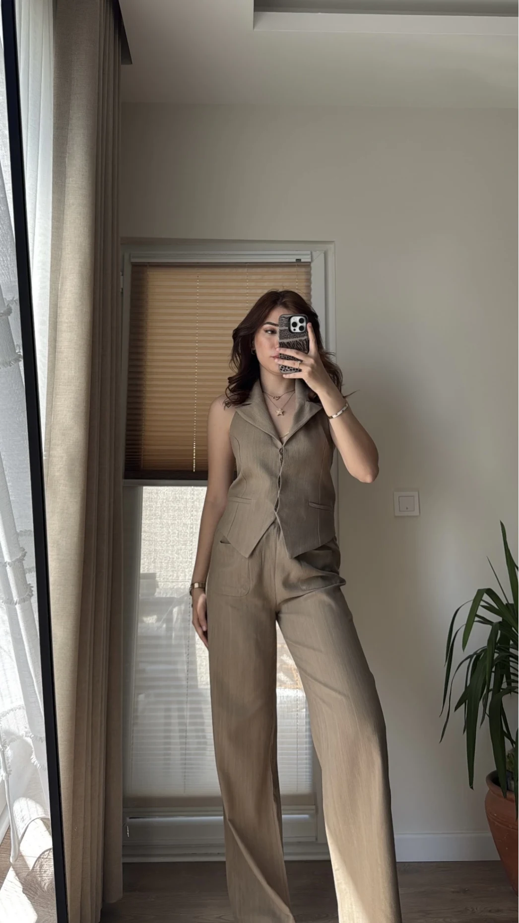 Keten Sırt Detay Yelek Pantolon Takım Haki