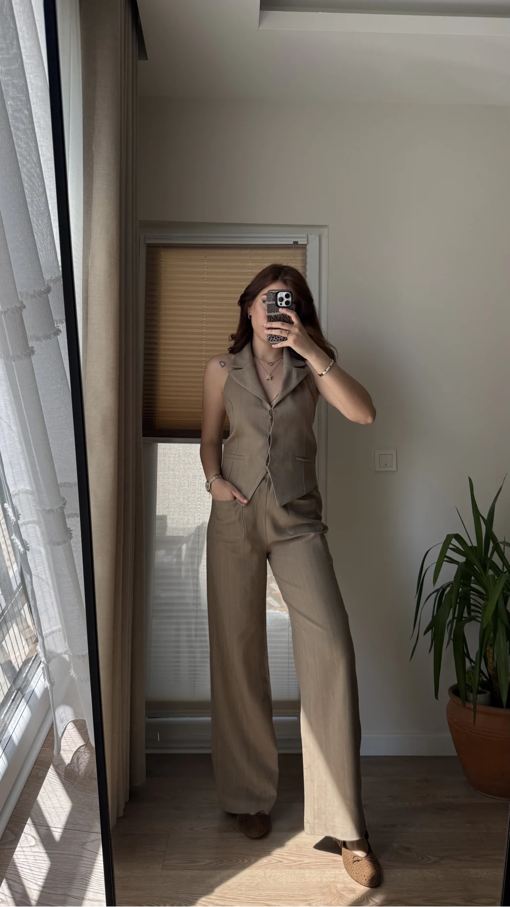 Keten Sırt Detay Yelek Pantolon Takım Haki