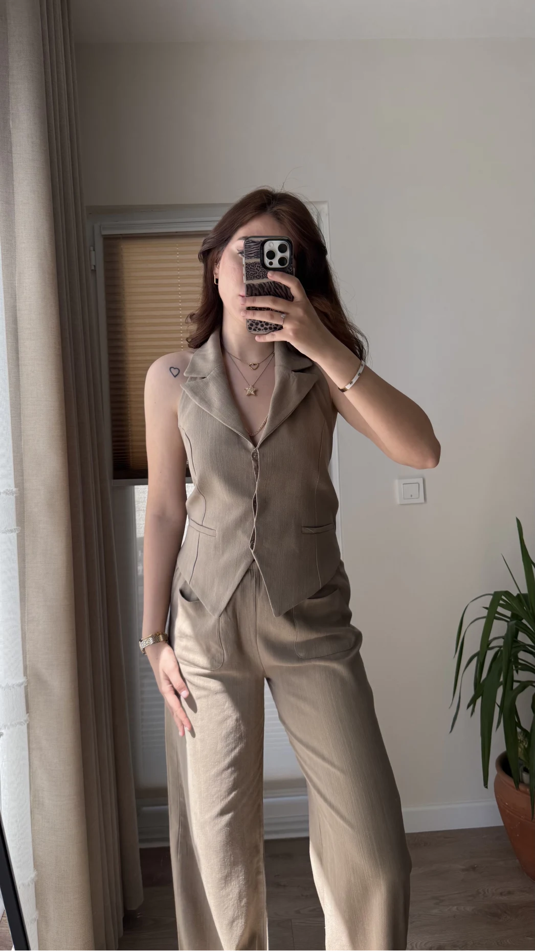 Keten Sırt Detay Yelek Pantolon Takım Haki