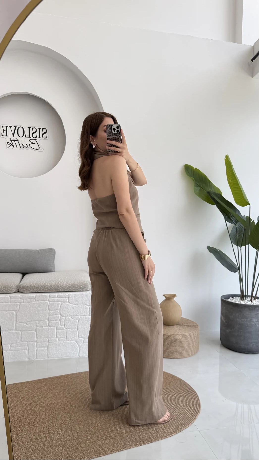 Keten Sırt Detay Yelek Pantolon Takım Vizon