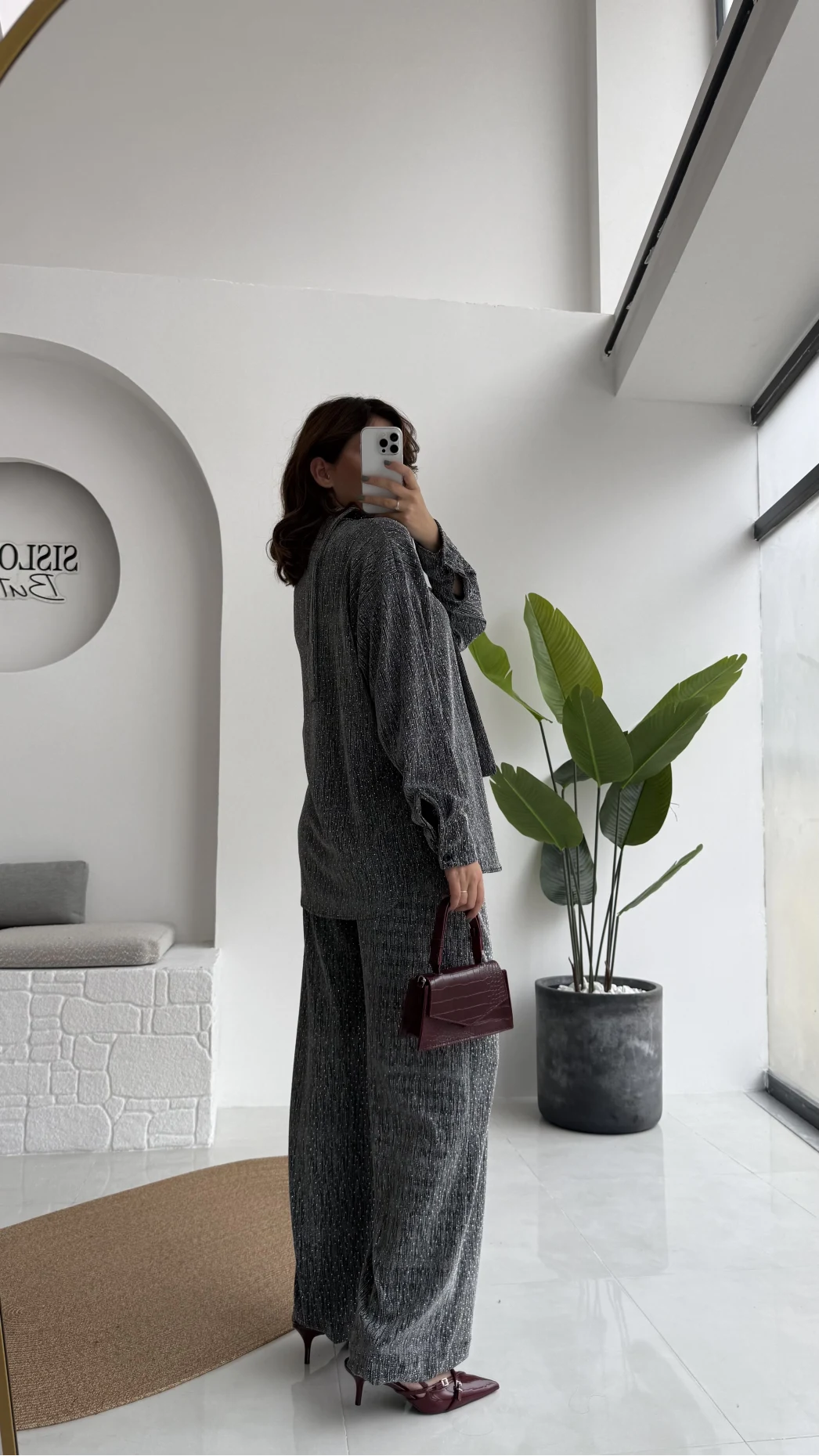 Kiara Taşlı Bağlamalı Gömlek Pantolon Takım - Gümüş - Kod: 6025