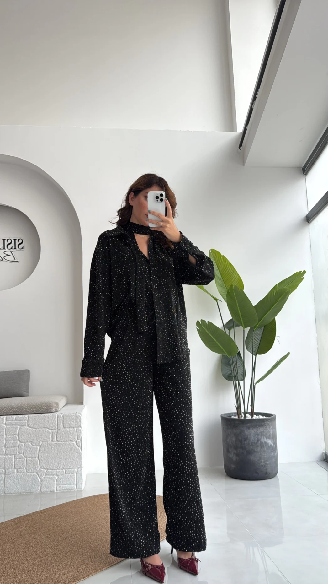 Kiara Taşlı Bağlamalı Gömlek Pantolon Takım - Siyah - Kod: 6025