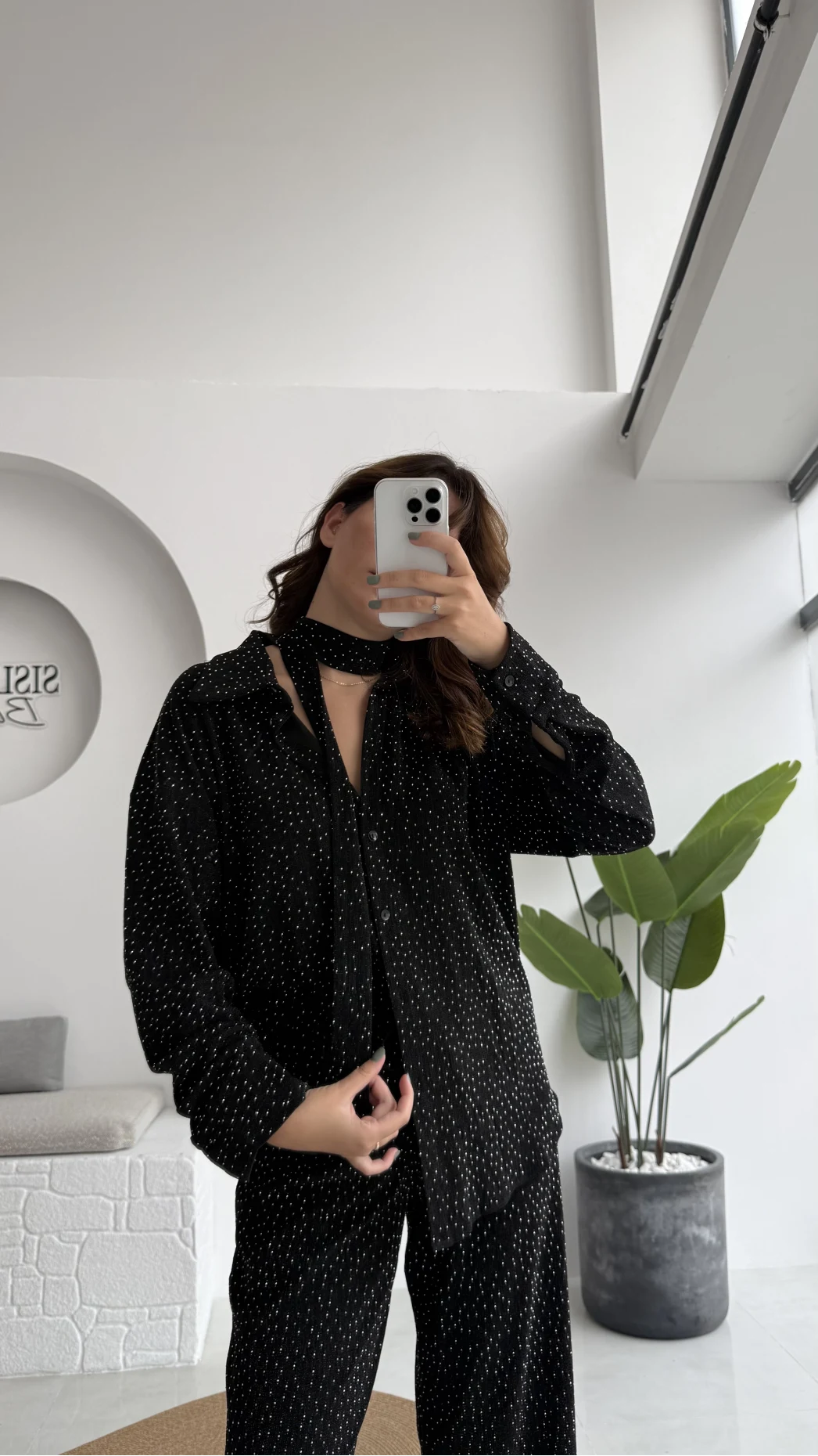 Kiara Taşlı Bağlamalı Gömlek Pantolon Takım - Siyah - Kod: 6025