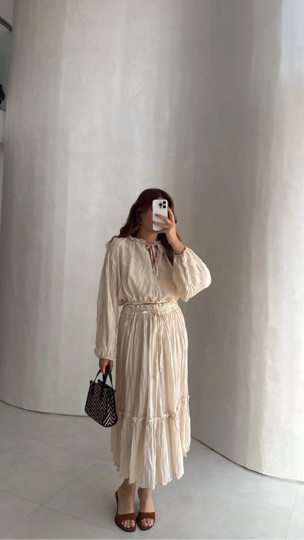 Kırışık Etek Bluz Takım - Bej - Kod: 580443